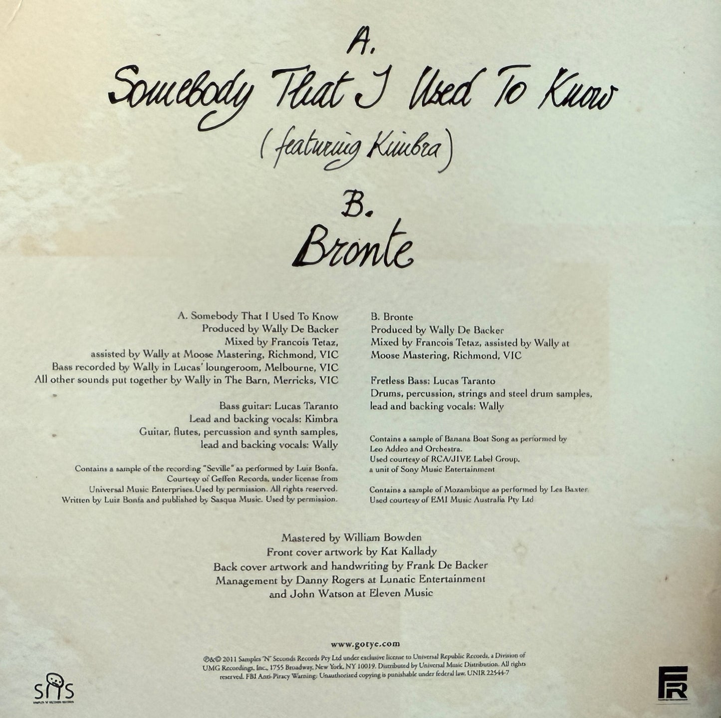 Gotye – Somebody That I Used To Know/Bronte (PROMO 7”)