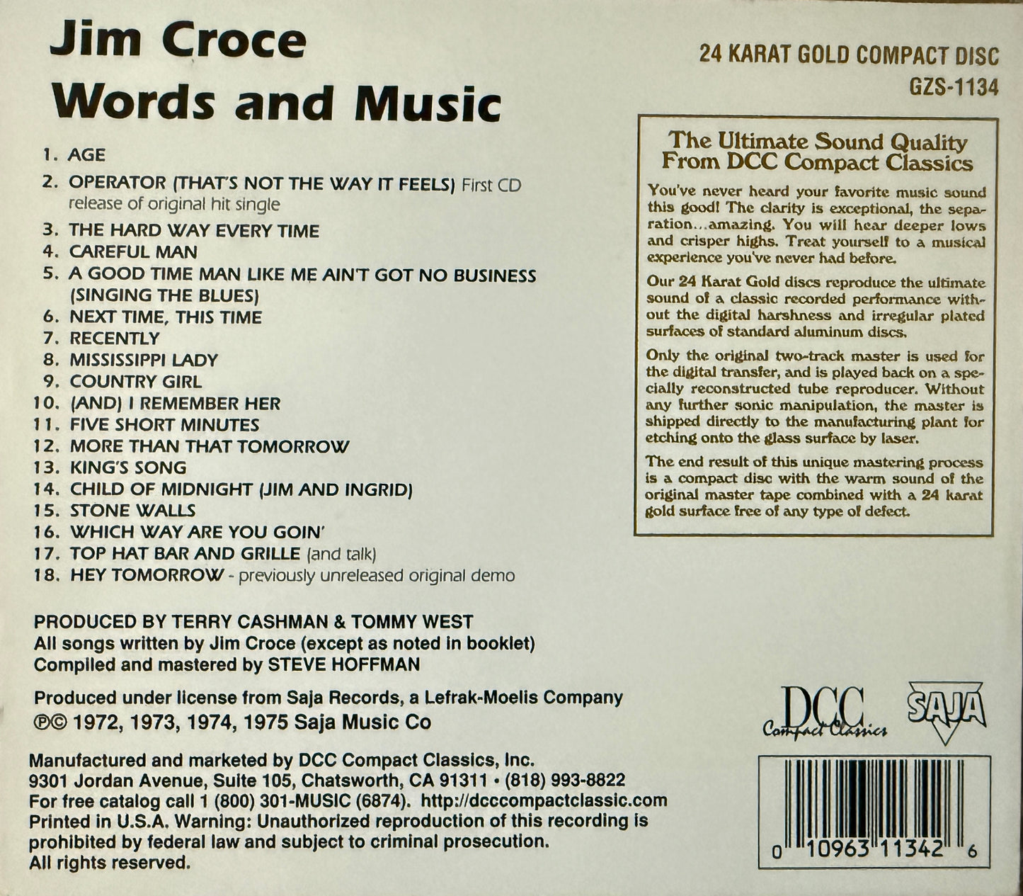 Jim Croce - Words And Music (DCC Gold CD)