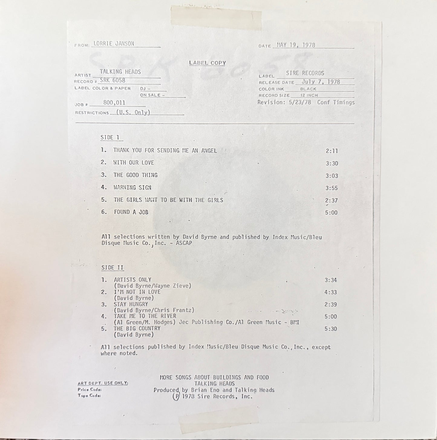 Talking Heads - More Songs About Buildings And Food (1978 U.S. Test Pressing)