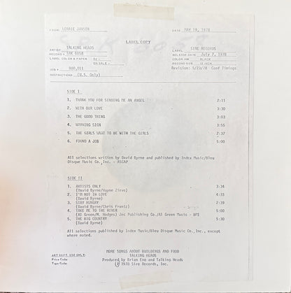 Talking Heads - More Songs About Buildings And Food (1978 U.S. Test Pressing)