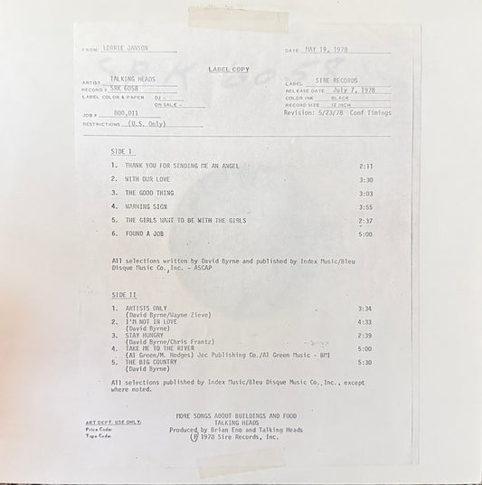 Talking Heads - More Songs About Buildings And Food (1978 U.S. Test Pressing)