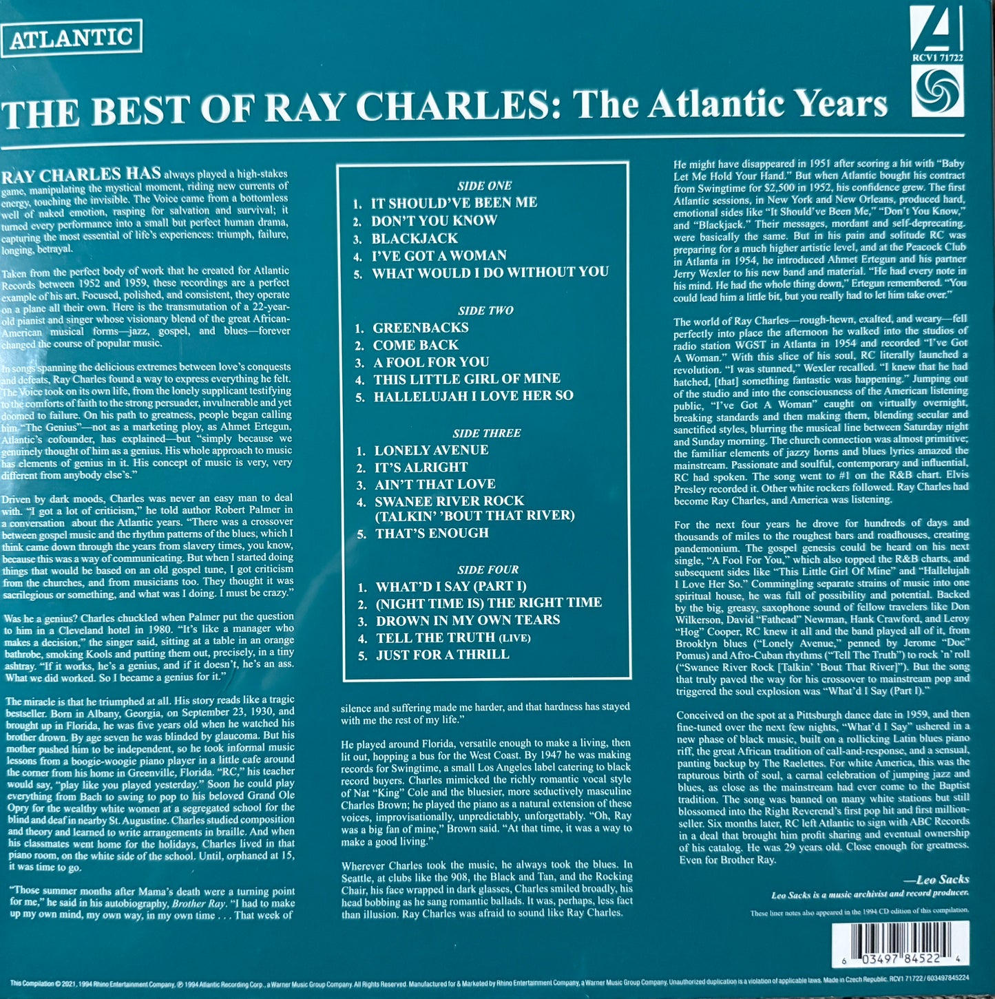 Ray Charles - The Best Of Atlantic Years (white vinyl 2XLP) Factory Sealed