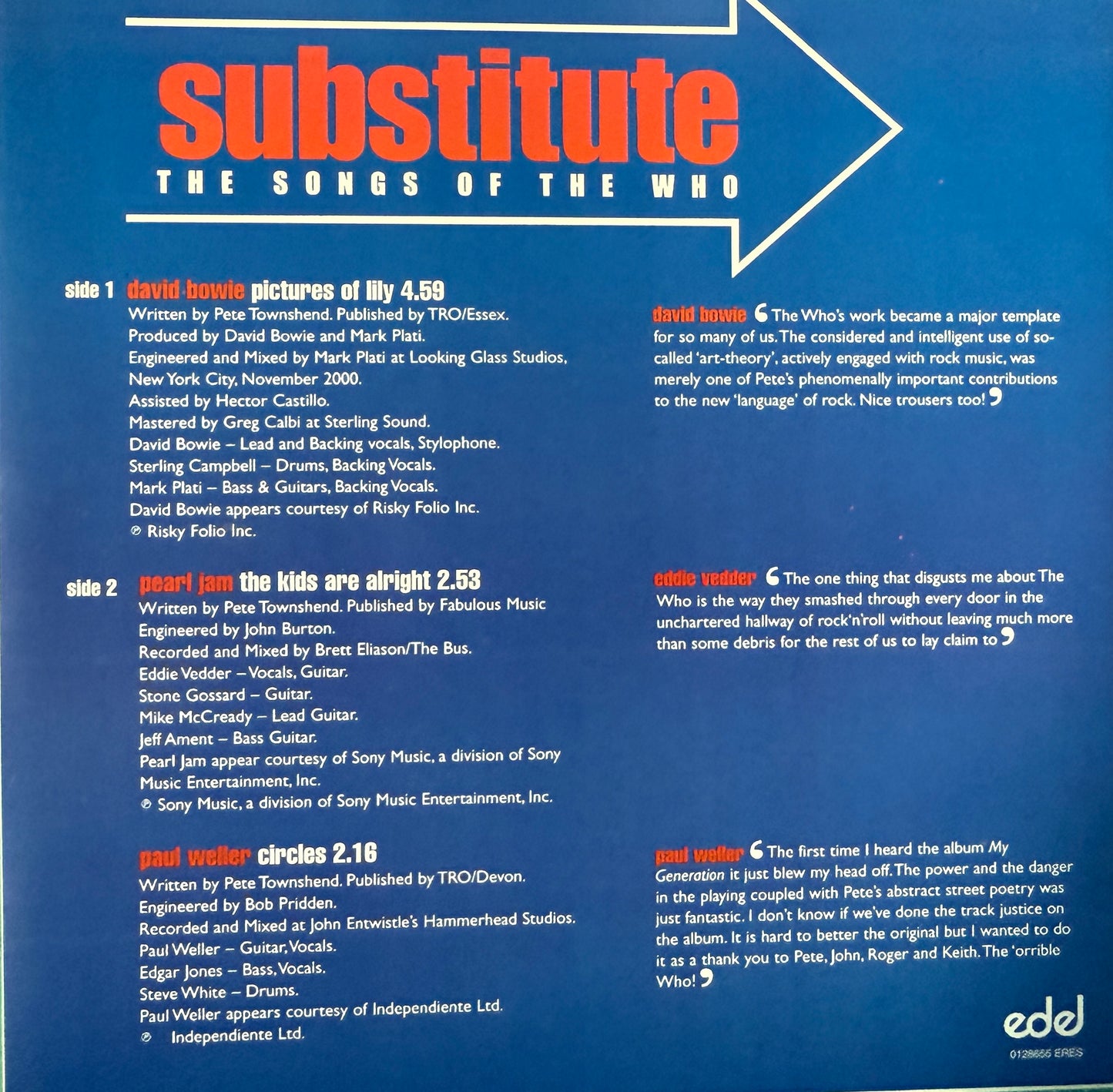 Substitute:Songs Of The Who (Featuring David Bowie/Pearl Jam/Paul Weller) PROMO Red Vinyl 7”