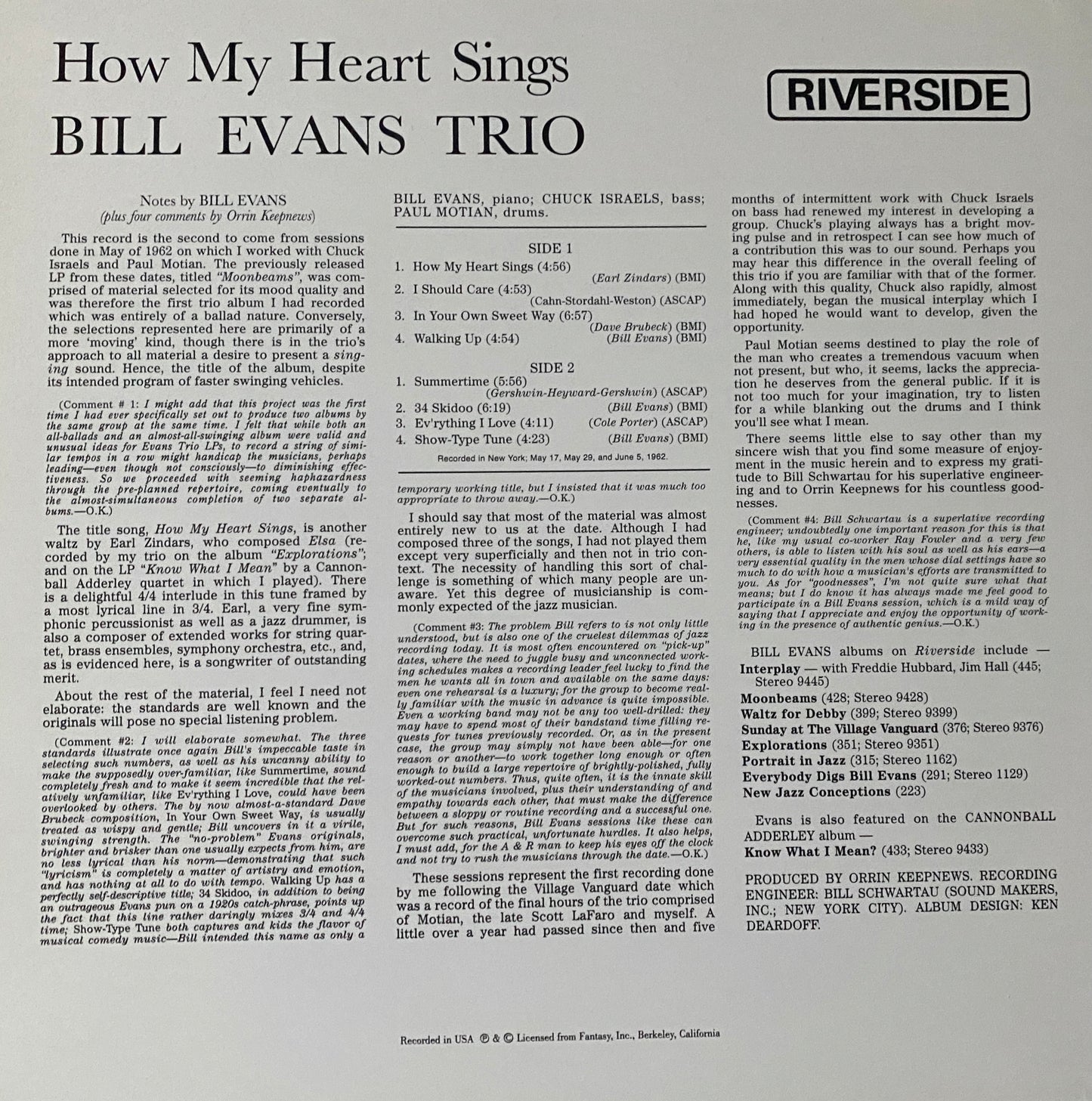 Bill Evans Trio - How my heart Sings (Analogue Productions)