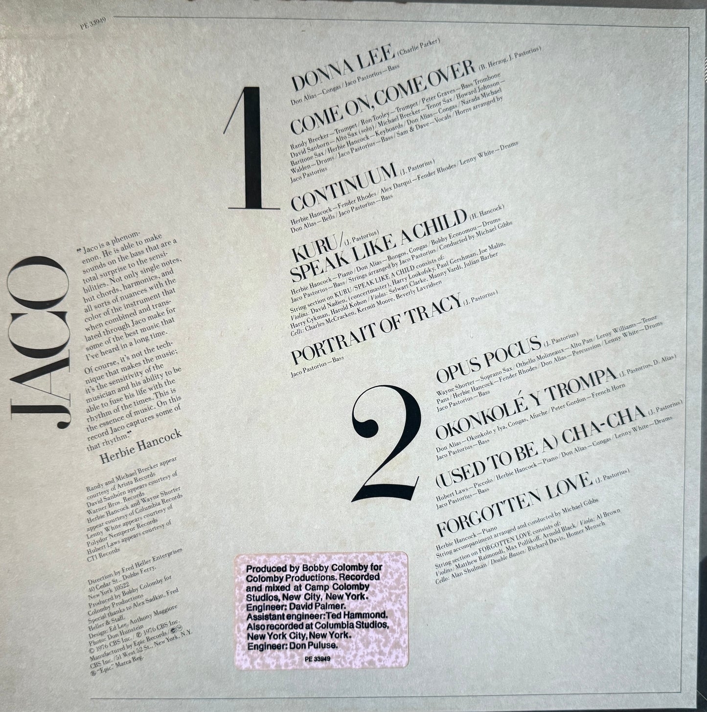 Jaco Pastorius - Jaco Pastorius (1976 Epic)