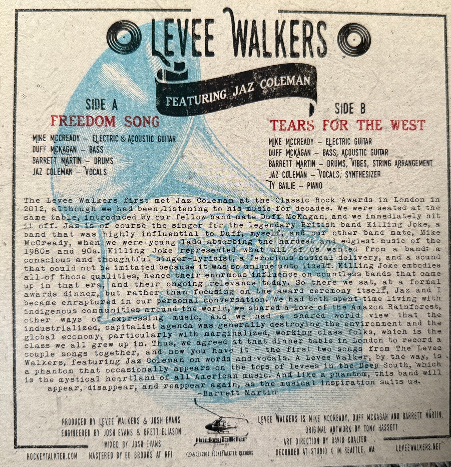 Levee Walkers Featuring Jazz Coleman - Freedom Songs/Tears For The West) Ltd Edition Clear Vinyl 7”