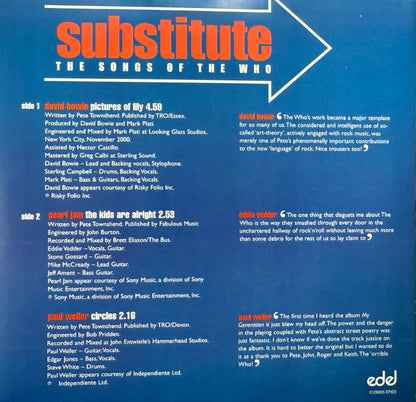 Substitute:Songs Of The Who (Featuring David Bowie/Pearl Jam/Paul Weller) PROMO Black Vinyl 7”