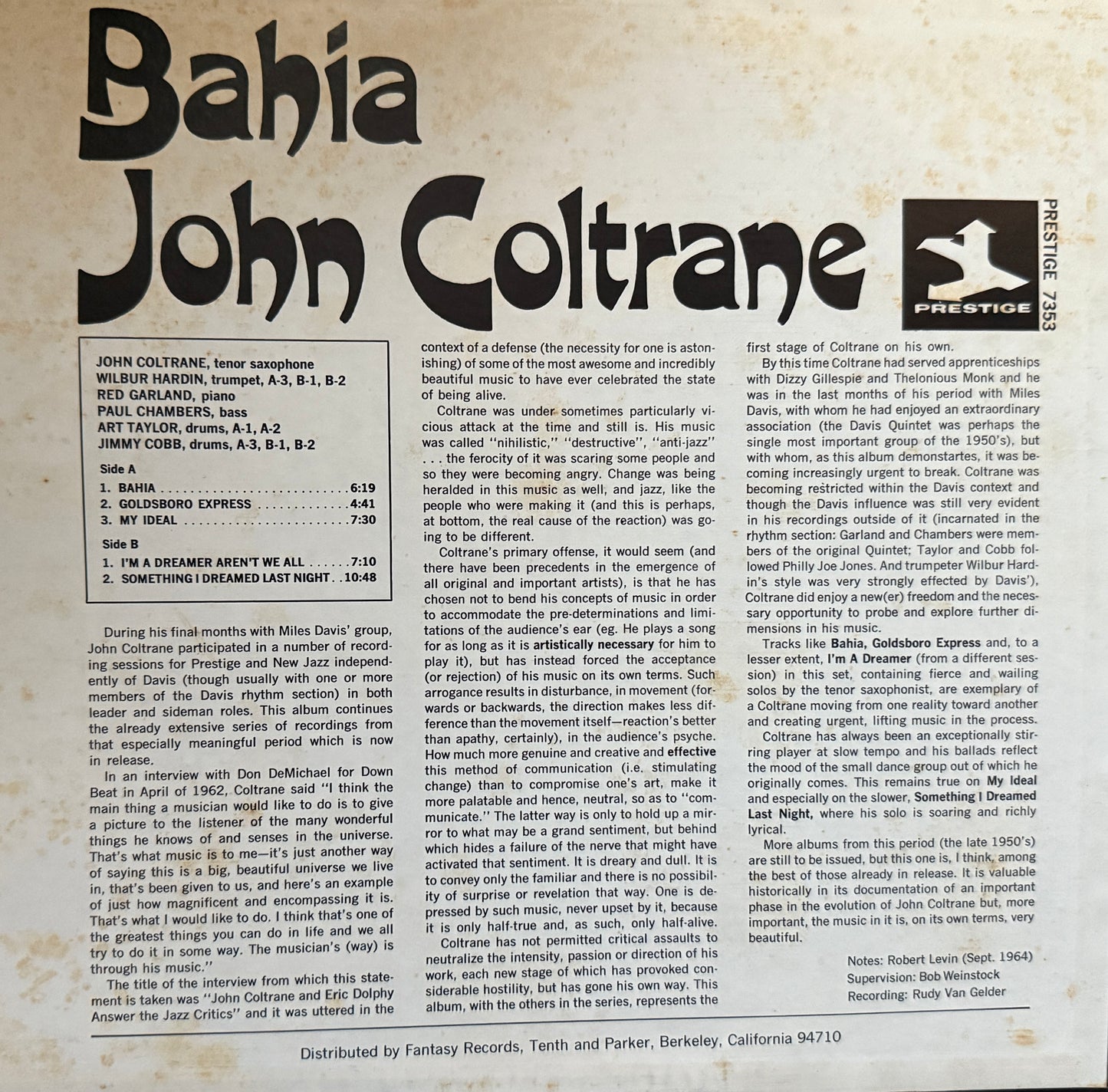 John Coltrane - Bahia (70’s Prestige)