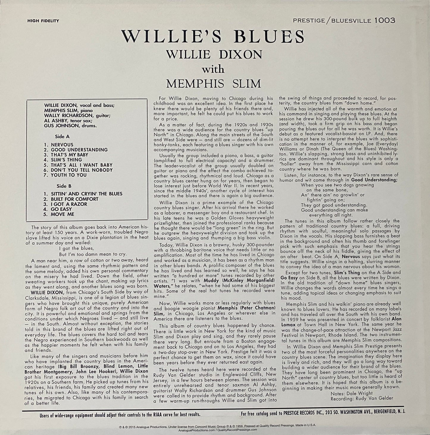 Willie Dixon/Memphis Slim - Willie’s Blues (Analogue Productions)